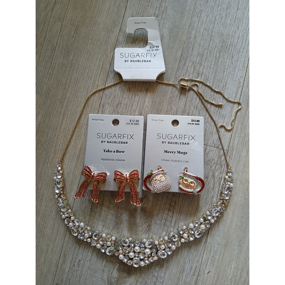 Sugarfix by Baublebar Holiday Earrings & Necklace Santa Bow Collar Statement NEW